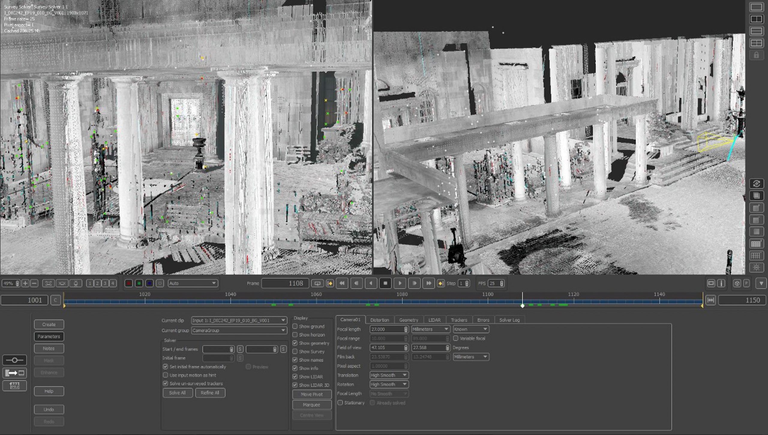 PFTrack interface showing lidar and matched cameras